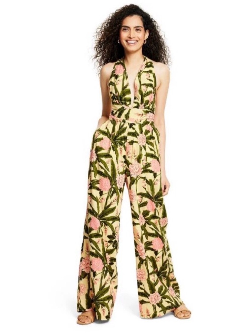 Agua Bendita XXL Target Yellow Peony Halter Wide Leg Jumpsuit One Piece NEW